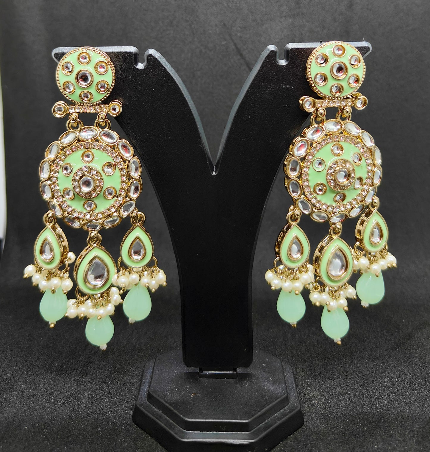 Green & Gold Kundan Statement Earrings with Pearls - Traditional Party Wear Dangler Jhumka for All Women's