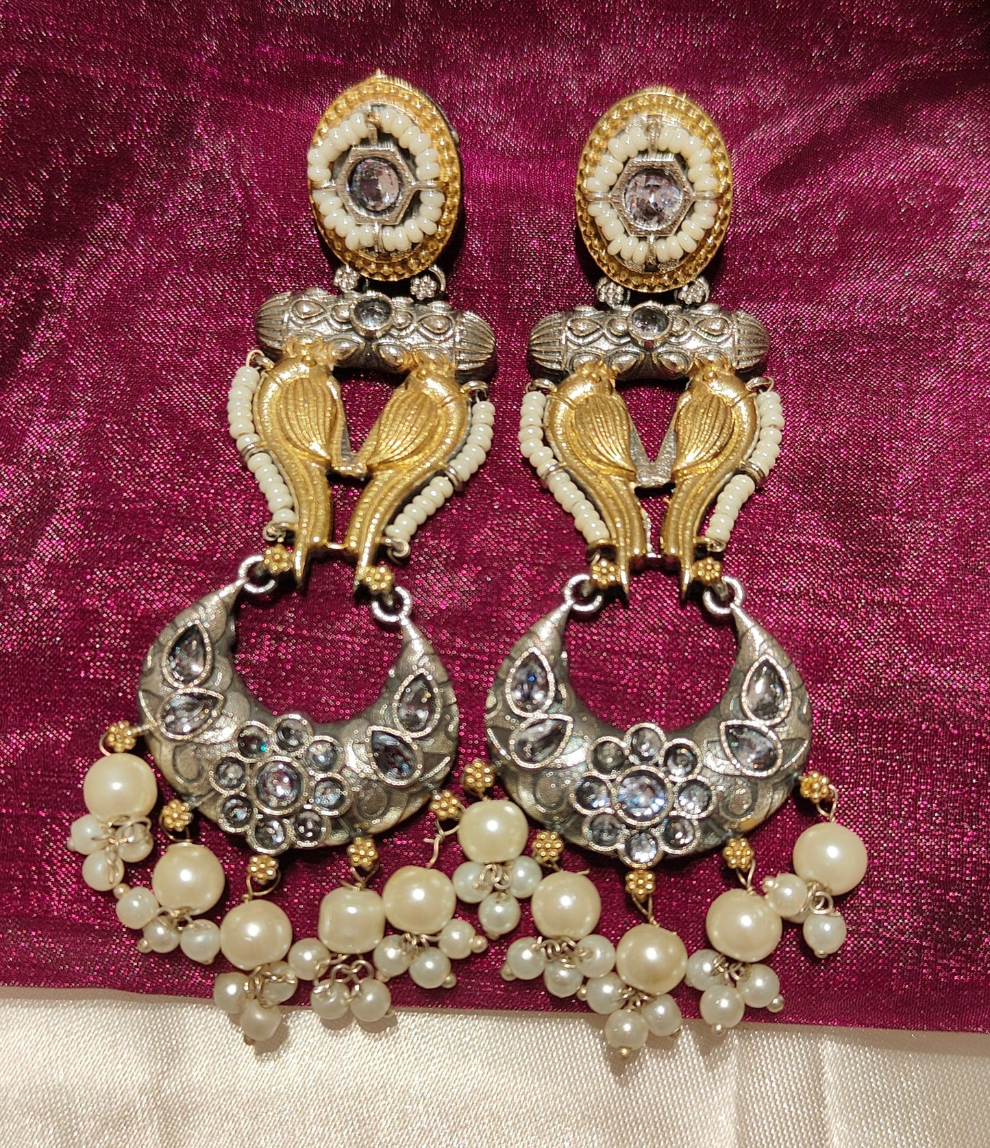 Royal Parrot Pearl Chandbali | Premium Oxidised Birds Earrings