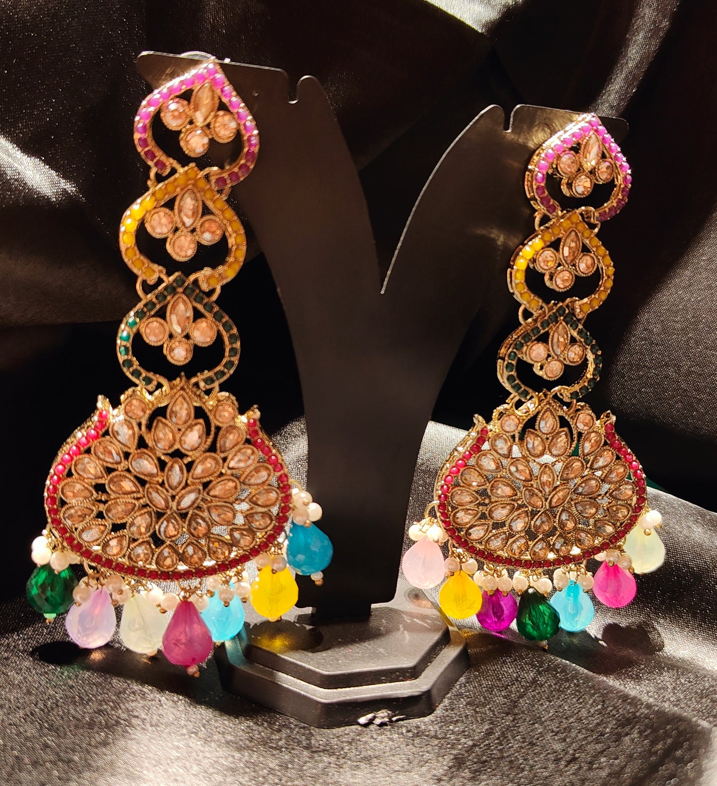 Luxury Pakistani Bridal Earrings with Polki Stones & Beaded Drops.