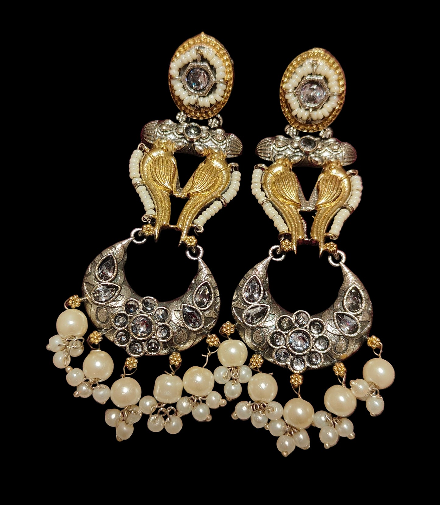 Royal Parrot Pearl Chandbali | Premium Oxidised Birds Earrings