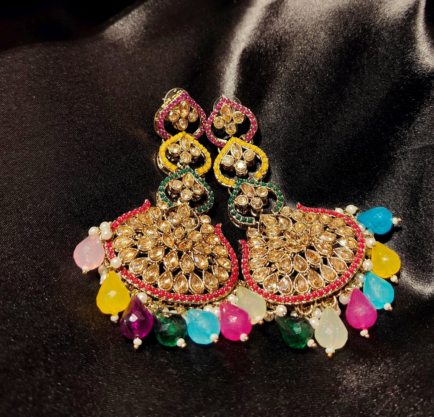 Luxury Pakistani Bridal Earrings with Polki Stones & Beaded Drops.