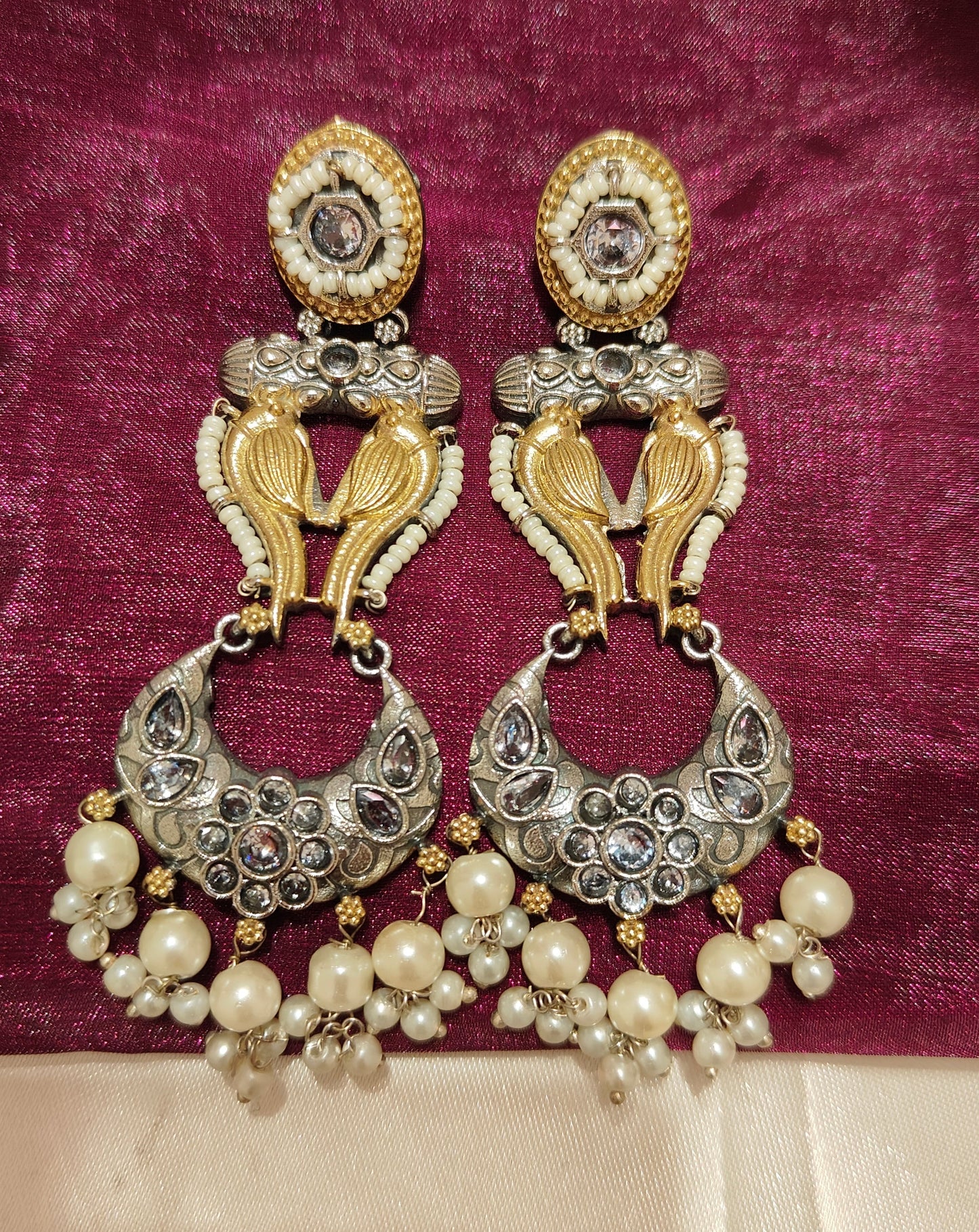 Royal Parrot Pearl Chandbali | Premium Oxidised Birds Earrings