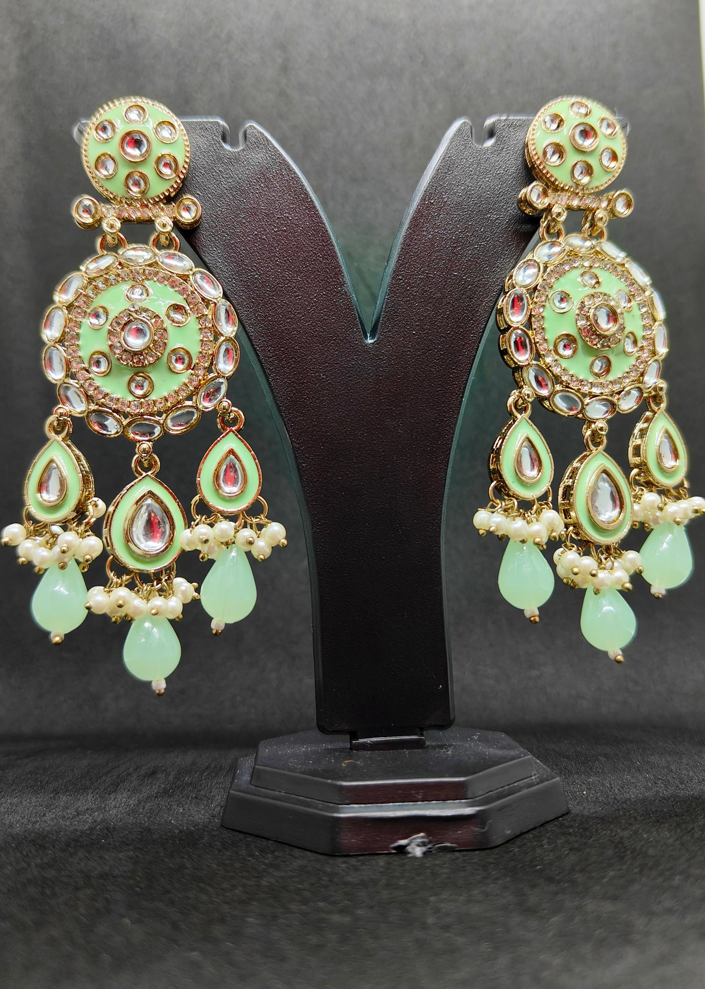 Green & Gold Kundan Statement Earrings with Pearls - Traditional Party Wear Dangler Jhumka for All Women's