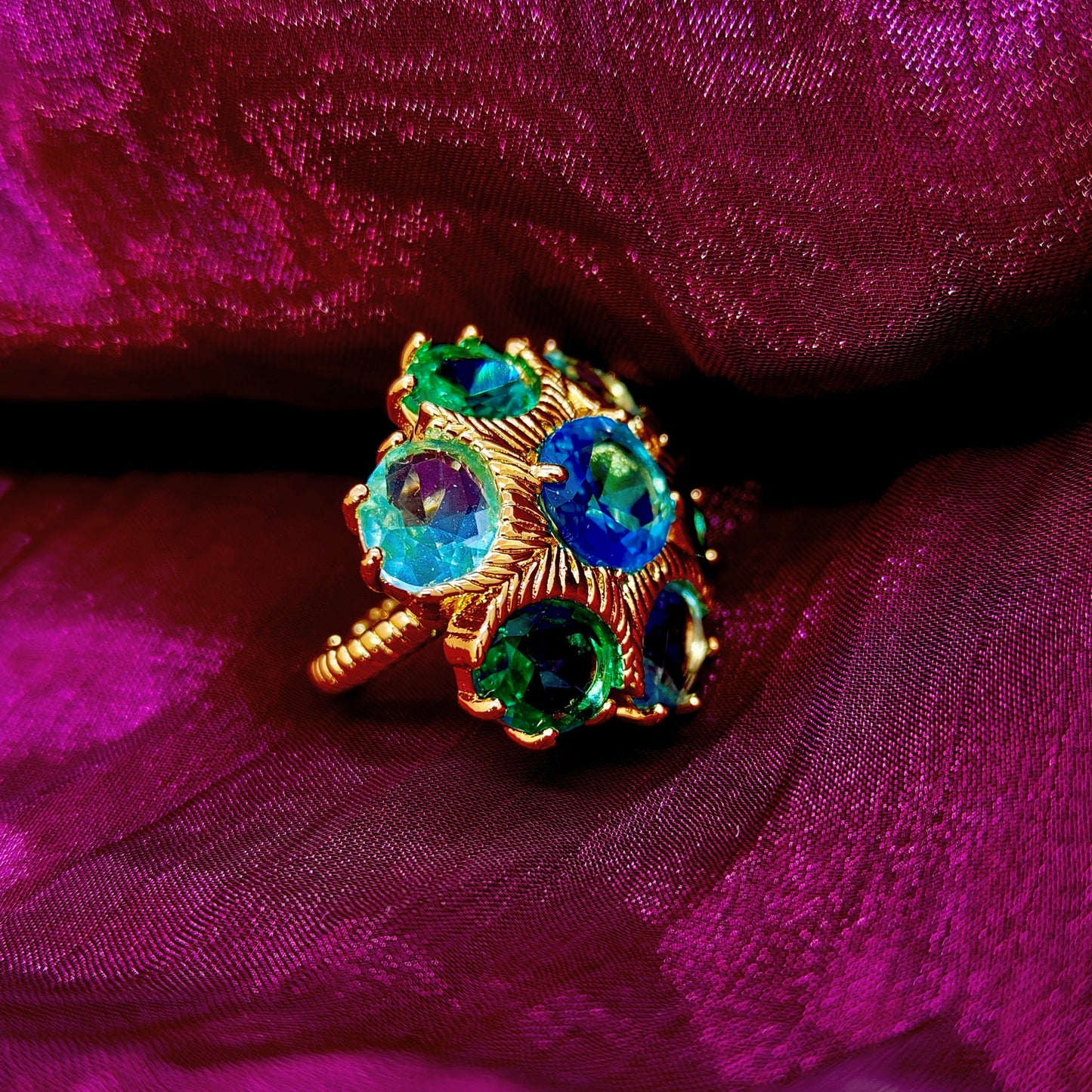 Royal Peacock Cluster Statement Ring – Blue & Green Crystal Dome Design