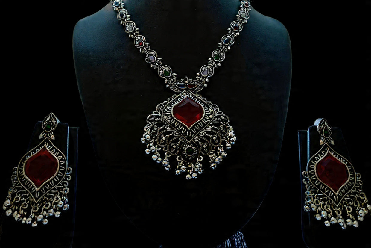 Antique Oxidised Silver Necklace Set with Ruby Red Stone & Jhumki Drops.