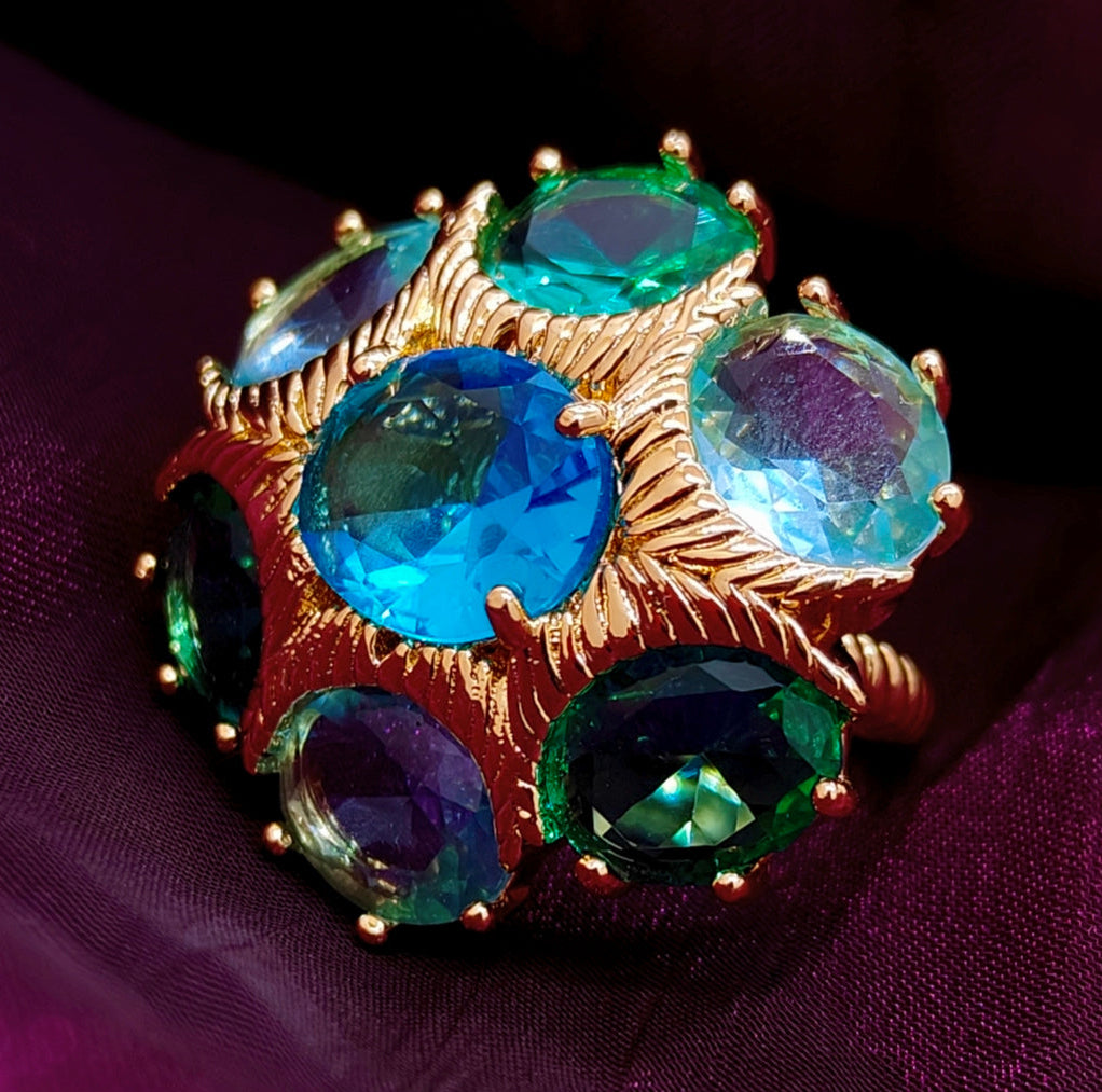 Royal Peacock Cluster Statement Ring – Blue & Green Crystal Dome Design