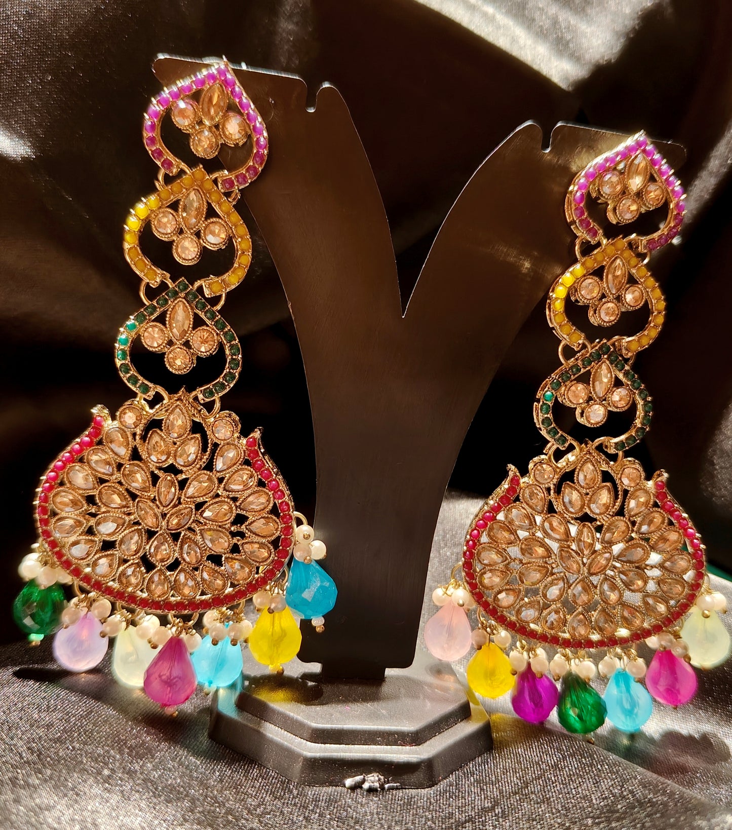 Luxury Pakistani Bridal Earrings with Polki Stones & Beaded Drops.