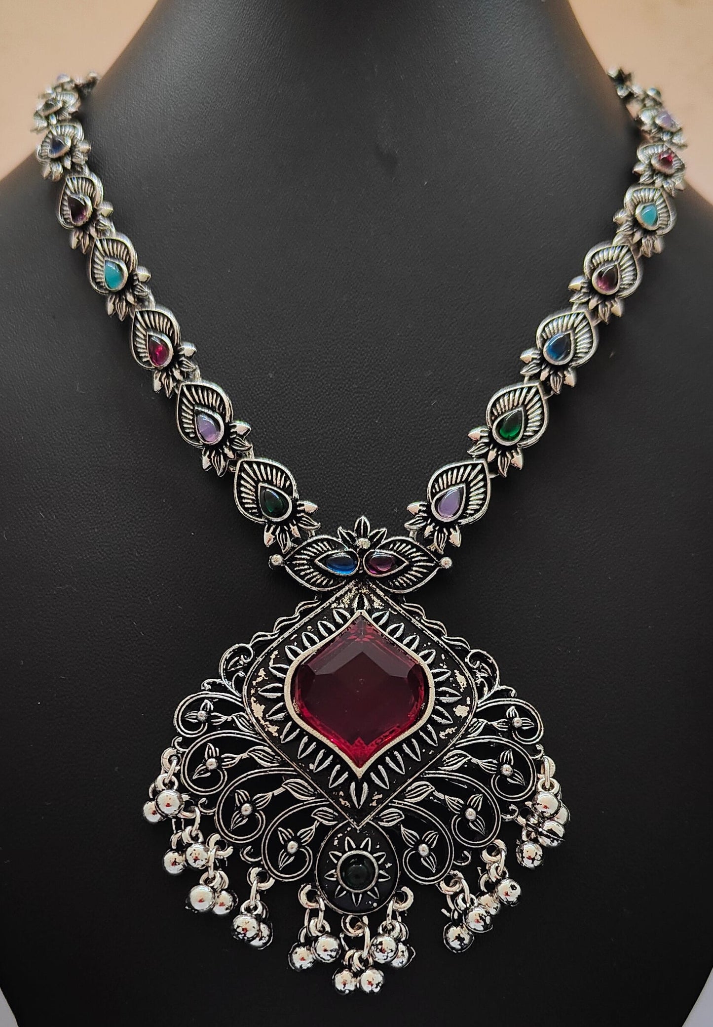 Antique Oxidised Silver Necklace Set with Ruby Red Stone & Jhumki Drops.