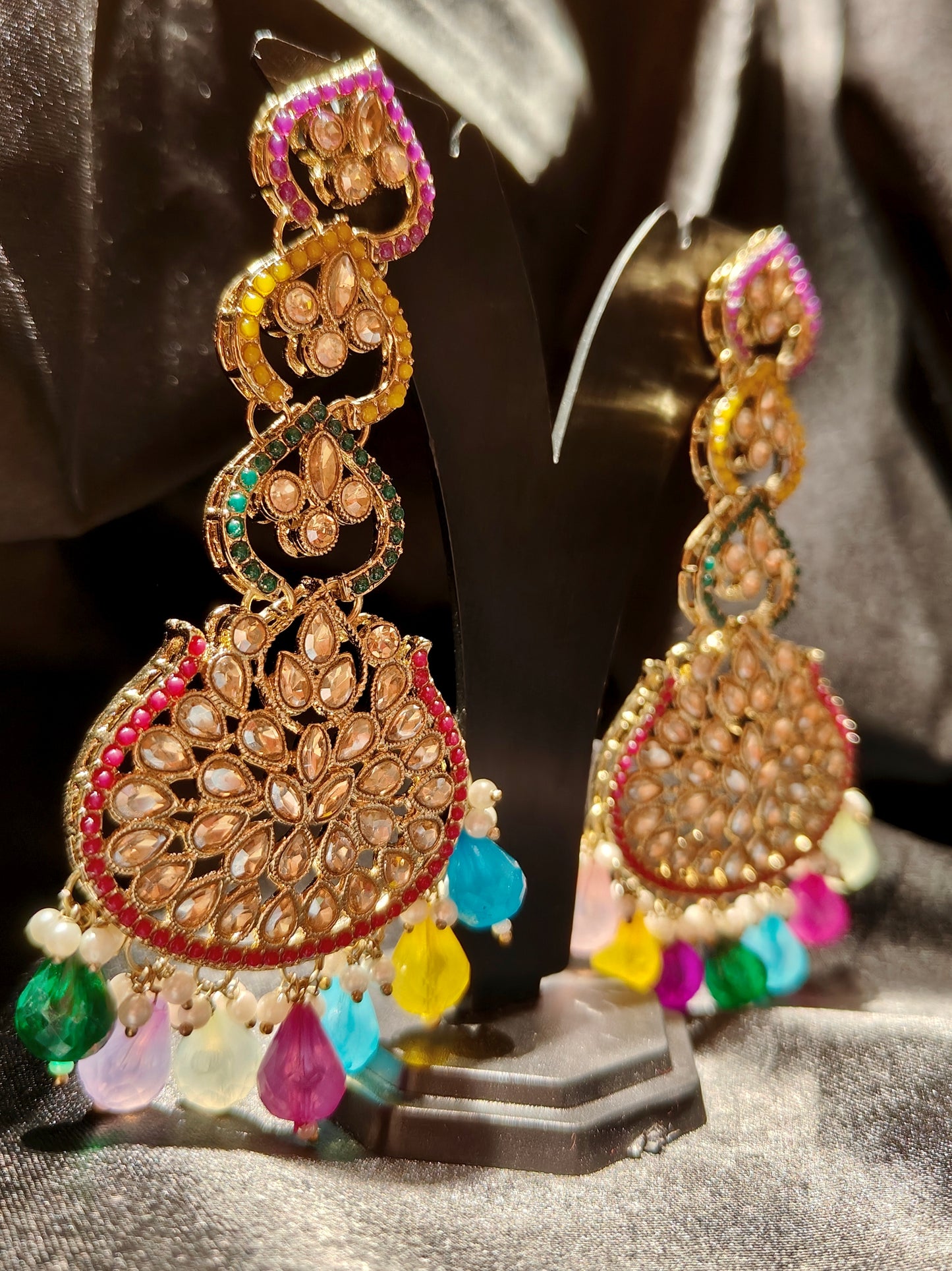 Luxury Pakistani Bridal Earrings with Polki Stones & Beaded Drops.