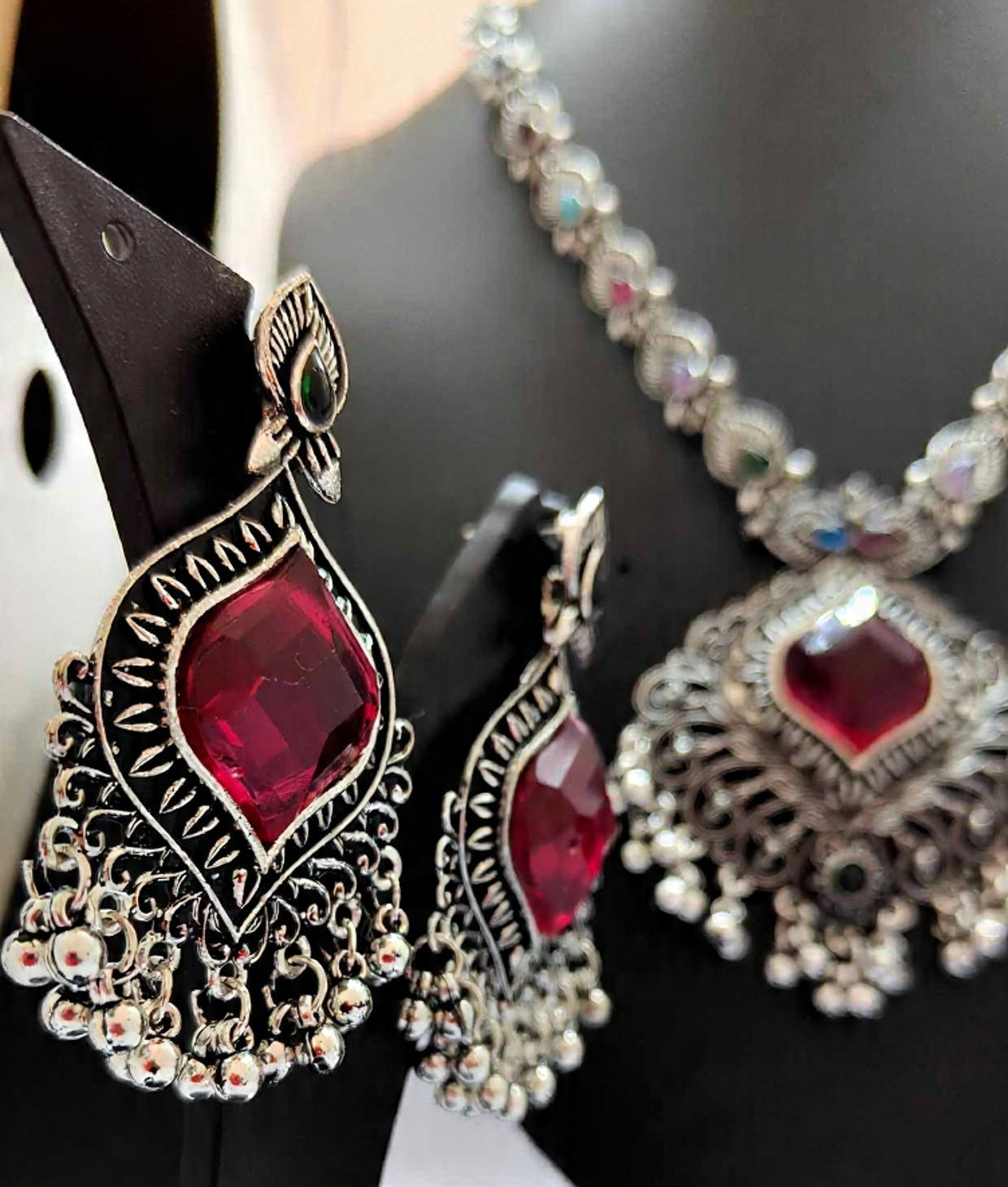 Antique Oxidised Silver Necklace Set with Ruby Red Stone & Jhumki Drops.