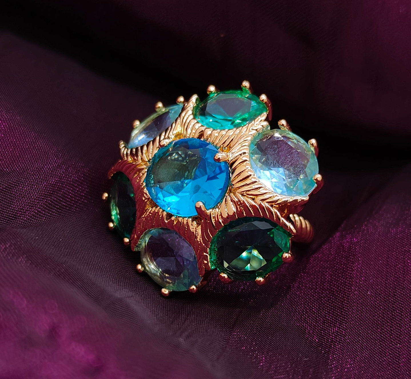 Royal Peacock Cluster Statement Ring – Blue & Green Crystal Dome Design