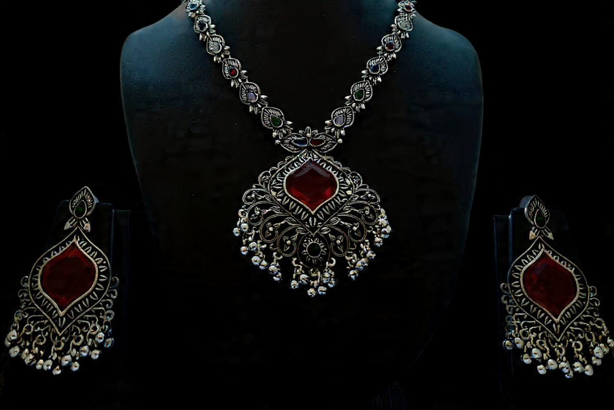 Antique Oxidised Silver Necklace Set with Ruby Red Stone & Jhumki Drops.