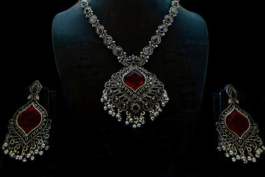 Antique Oxidised Silver Necklace Set with Ruby Red Stone & Jhumki Drops.