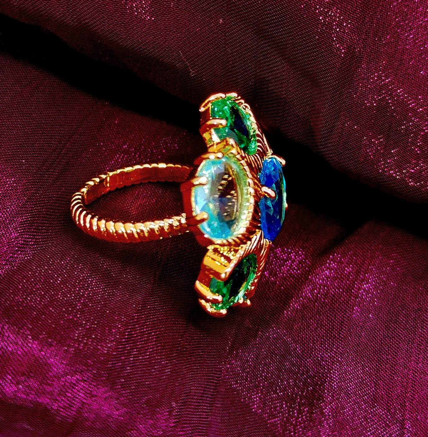 Royal Peacock Cluster Statement Ring – Blue & Green Crystal Dome Design