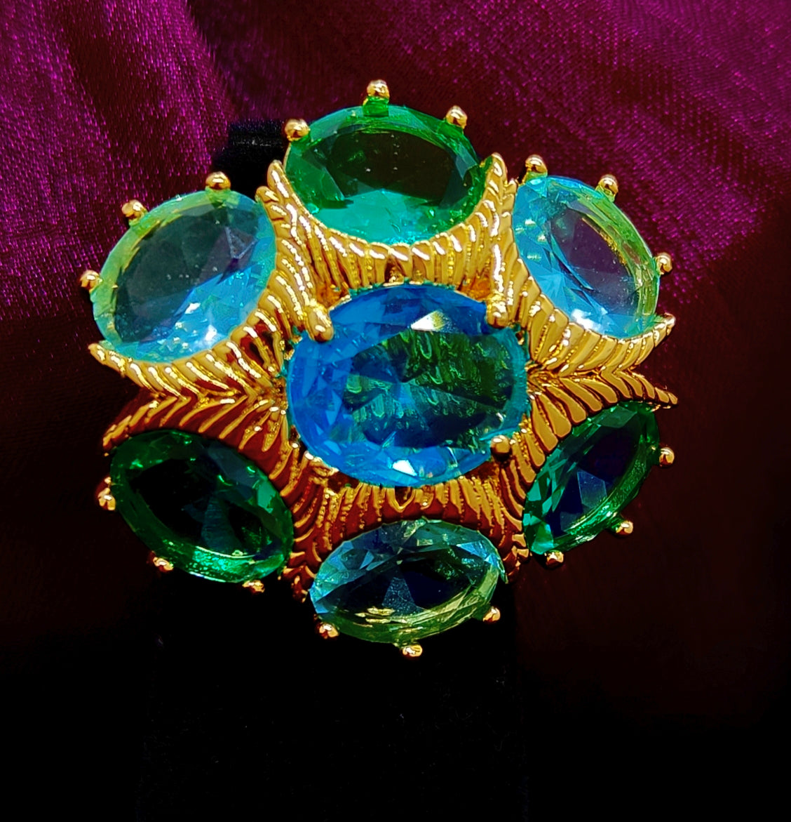 Royal Peacock Cluster Statement Ring – Blue & Green Crystal Dome Design